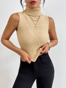 SHEIN Essnce 純色高領不對稱下擺針織上衣 - 杏色 - 查看 6