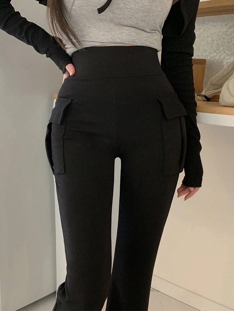 Women's Casual Solid Color Cargo Pants,Ladies Late Fall Casual Pocket,Split Natural Skinny Long Black Viscose Regular Fit Women Pants,Casual Daily Wear