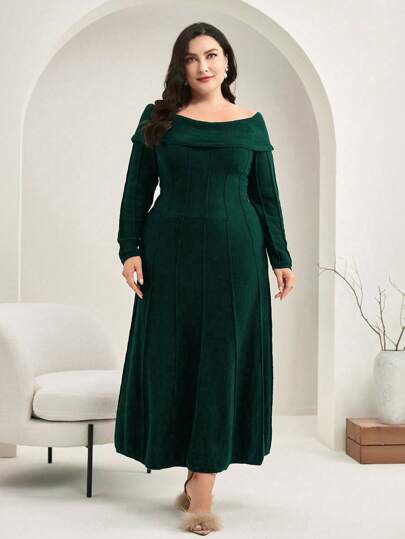 Modelyn Women's Plus Size Off Shoulder Long Sleeve Sweater Dress