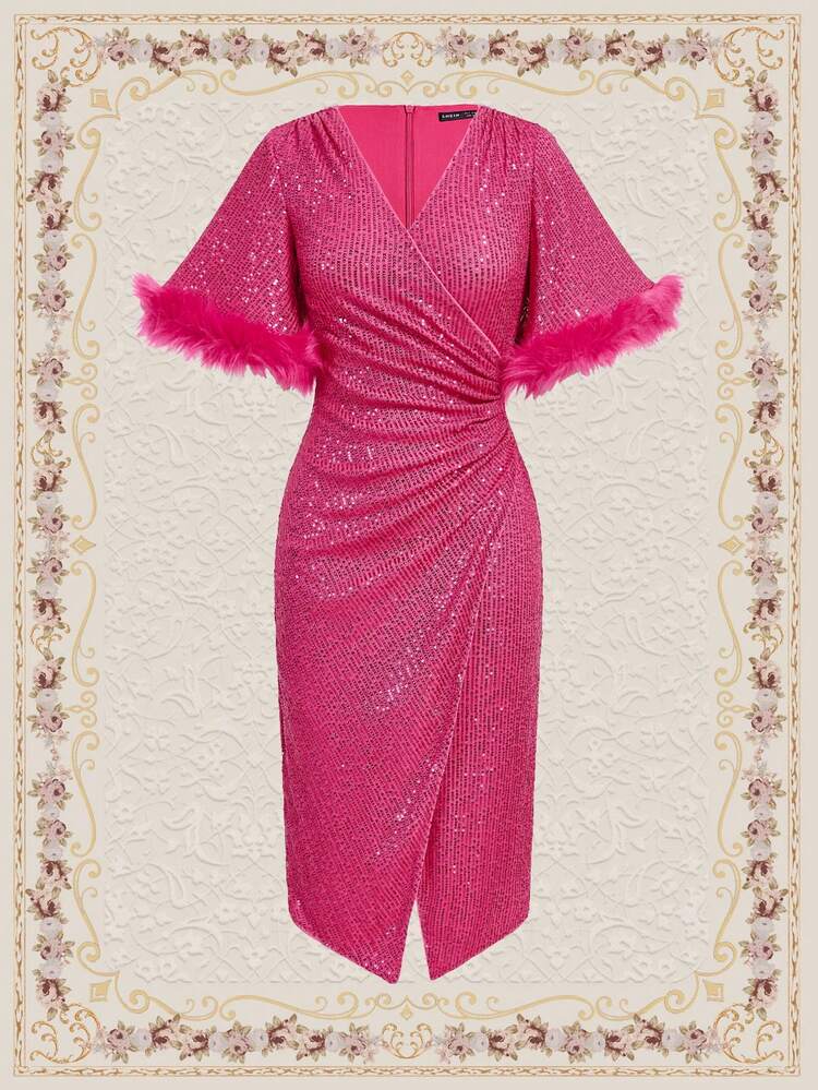 Women's Fringed Sleeve Wrap Front Sequin Dress