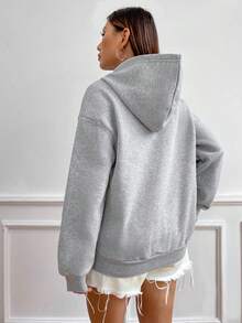 SHEIN Unity Sudadera Con Capucha Y Cremallera Con Patrón En Inglés - Gris Claro - Ver 2