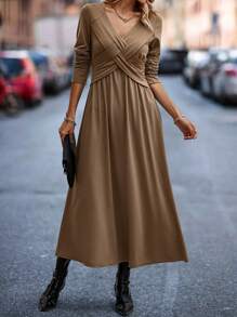SHEIN Clasi Women's Wrap Cross Long Sleeve Dress - Coffee Brown - View 4