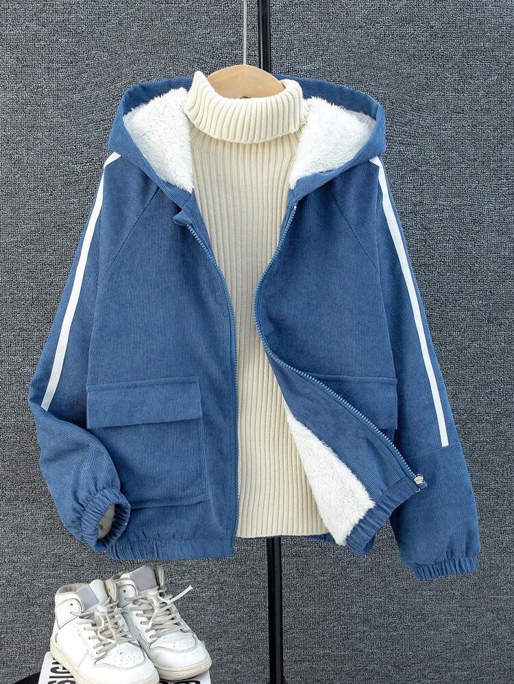 Tween Boys' Thick Corduroy Hooded Jacket With Thermal Lined , Navy Blue