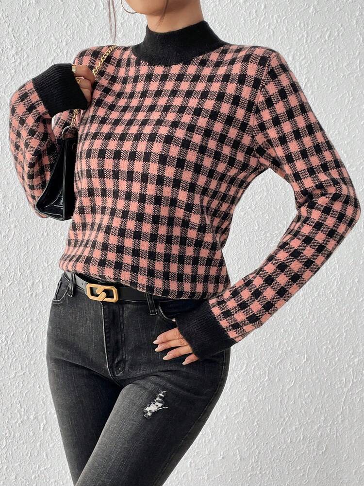 Women's Grid Stand Collar Pullover Sweater