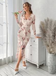 Firerie 女款花卉印花 V 領網布拼接荷葉邊下擺洋裝 - 彩色 - 查看 8