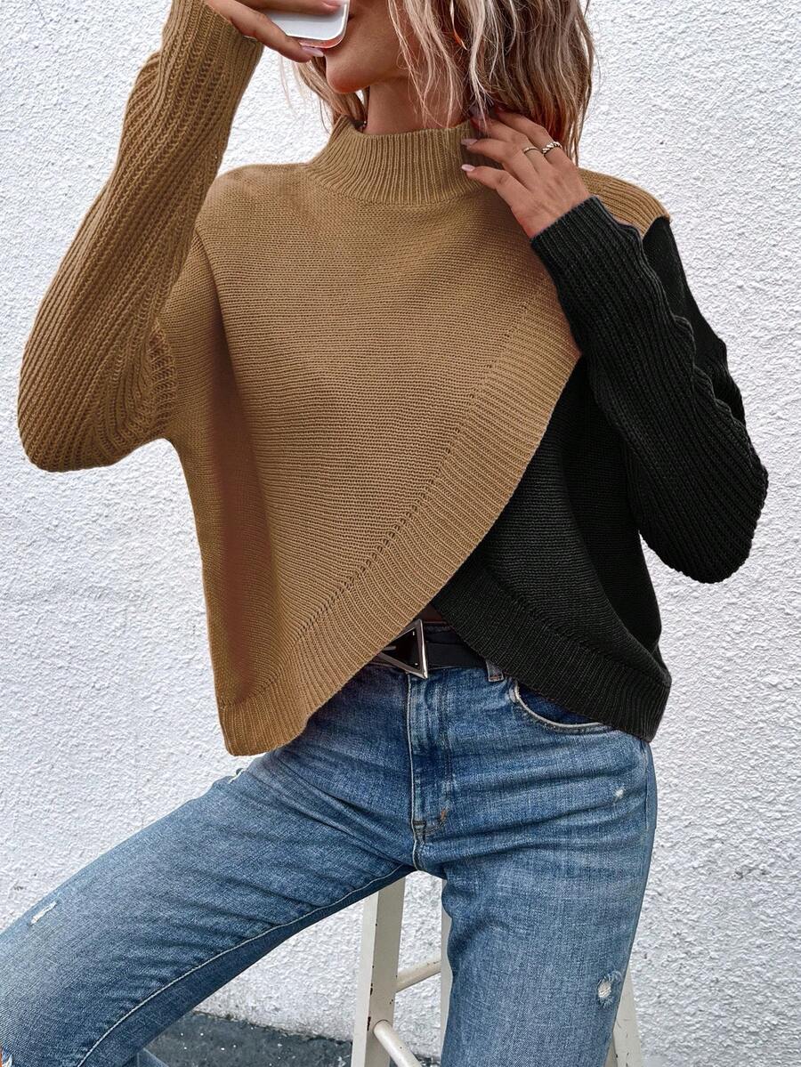 SHEIN Essnce 兩色小高領落肩裹身毛衣 - 彩色 - 查看 1