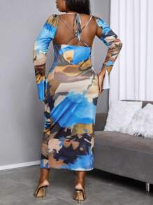 SHEIN Unity Women'S Plus Size Printed Halter Neck Open Back High Low Hem Dress - Multicolor - View 2