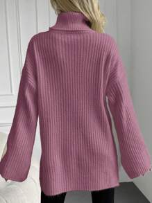 EURMUSE Jersey Con Cuello Alto Y Hombros Caídos Con Dobladillo Dividido - Rosa - Ver 2