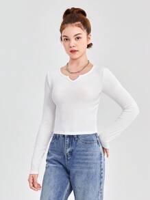 SHEIN 3pcs/Set Teen Girl Solid Color V-Neck Long Sleeve Casual T-Shirt Set - Multicolor - View 12