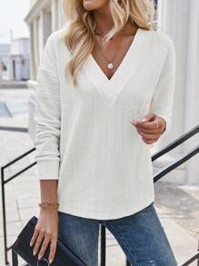 SHEIN LUNE White V-neck Long Sleeve T-shirt - White - View 4