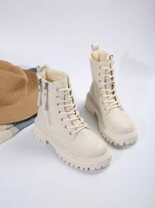女士保暖内衬战斗靴，纯色双拉链短靴，冬季保暖户外靴 - 米色 - 查看 4