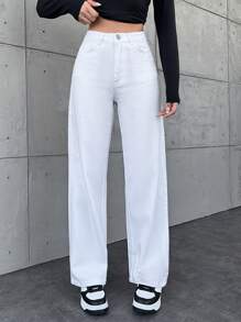 Cottnline Jeans De Pierna Recta De Talle Medi Para Mujer
