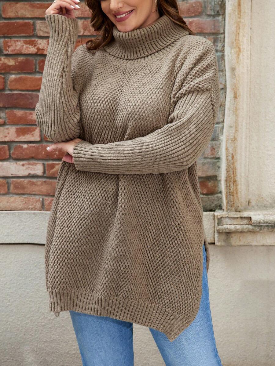 SHEIN LUNE Viền chia cắt Áo chui đầu Áo len - màu nâu - Xem 1