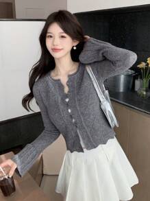 DAZY Women's Lapel Collar Cardigan With Front Buttons - Grey - View 1