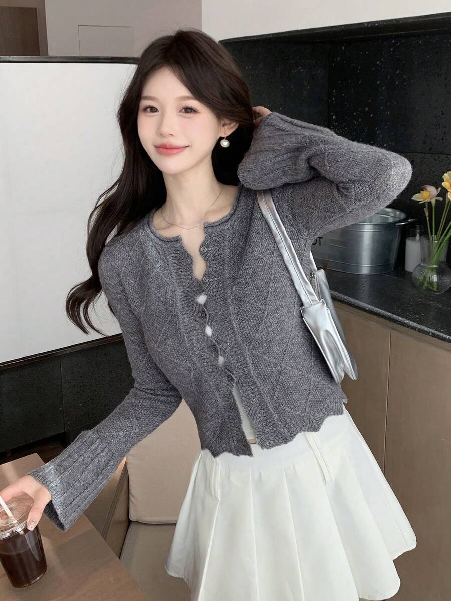 DAZY Women's Lapel Collar Cardigan With Front Buttons - Grey - View 1