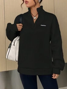 SHEIN EZwear Spring Clothes Textured Zipper Half Opening Stand Collar Sweatshirt Graduation,Back To School Outfits,Graduation,Teacher Outfits For Women,Back To School In Fall/Winter - Black - View 5