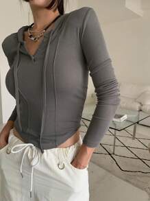 DAZY Ladies' Hooded Knitted Top With Partial Button Placket And Drawstring - Brown - View 7