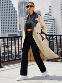 Aveloria Spliced Pu Belt Trench Coat - Khaki - View 1