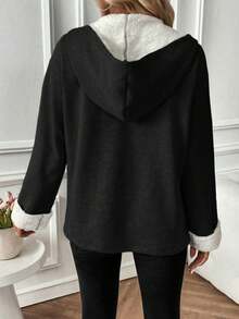 SHEIN Essnce Màu thuần áo có mũ Dây kéo Khép kín Sang trọng Áo khoác - màu đen - Xem 2