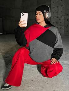 SHEIN EZwear 不对称拼接女式连帽运动衫 - 黑色 - 查看 5