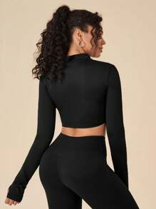 Color Block Zipper Front Tight Fit Short Sports Jacket - Black - View 2