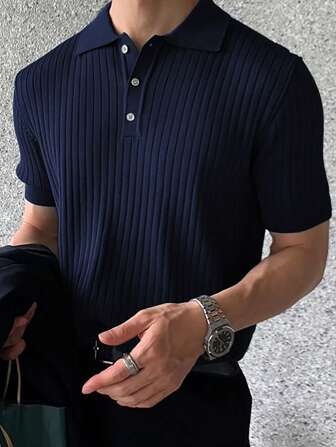 Men's Fashionable Casual Textured Solid Color Short Sleeve Knit Top