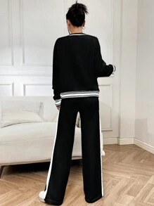 SHEIN Unity 女款拼布裝飾刺繡紐扣前開襟衫和針織闊腿褲套裝 - 黑色 - 查看 2