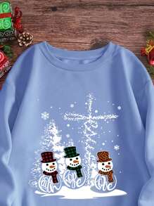 SHEIN EZwear 女聖誕雪人印花抓絨運動衫 - 藍色 - 查看 4