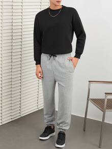 RueChic Men's Striped Drawstring Waist Long Pants - Grey - View 4