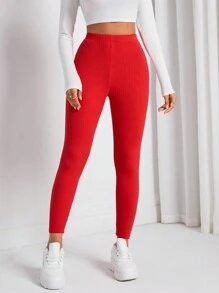 SHEIN Essnce Women's Ribbed Leggings - Red - View 5