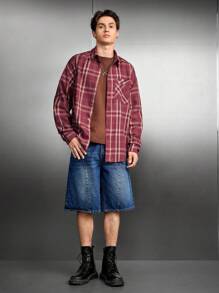 Manfinity RebelGame Nam Dệt Giải trí Kẻ sọc Áo sơ mi - Màu Đỏ Sâu - Xem 6