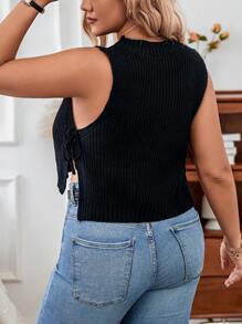 Calvaya Plus Size Knitted Short Top With Side Strap Detail - Black - View 2