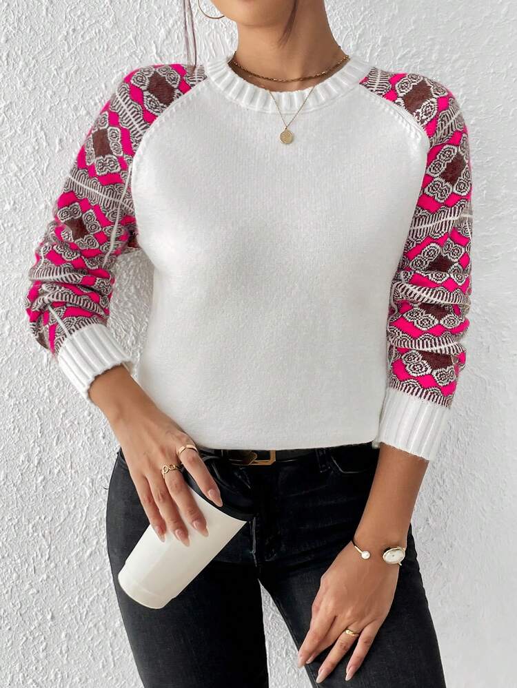 Women'S Floral Pattern Patched Raglan Sleeve Sweater