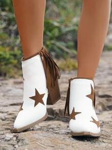 Styleloop Retro Phong cách phương Tây Khâu Năm cánh Ngôi sao & Thiết kế tua Giày Boots Cowboy Đối với Nông trại , Cưỡi , Xe máy , - trắng - Xem 3