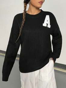 Flirla Letter Patched Drop Shoulder Knit Pullover Fall Winter Sweater - Black - View 5