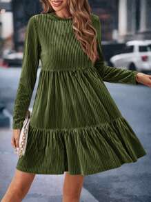 SHEIN Clasi Women's Long Sleeve Ruffle Hem Dress - Army Green - View 3