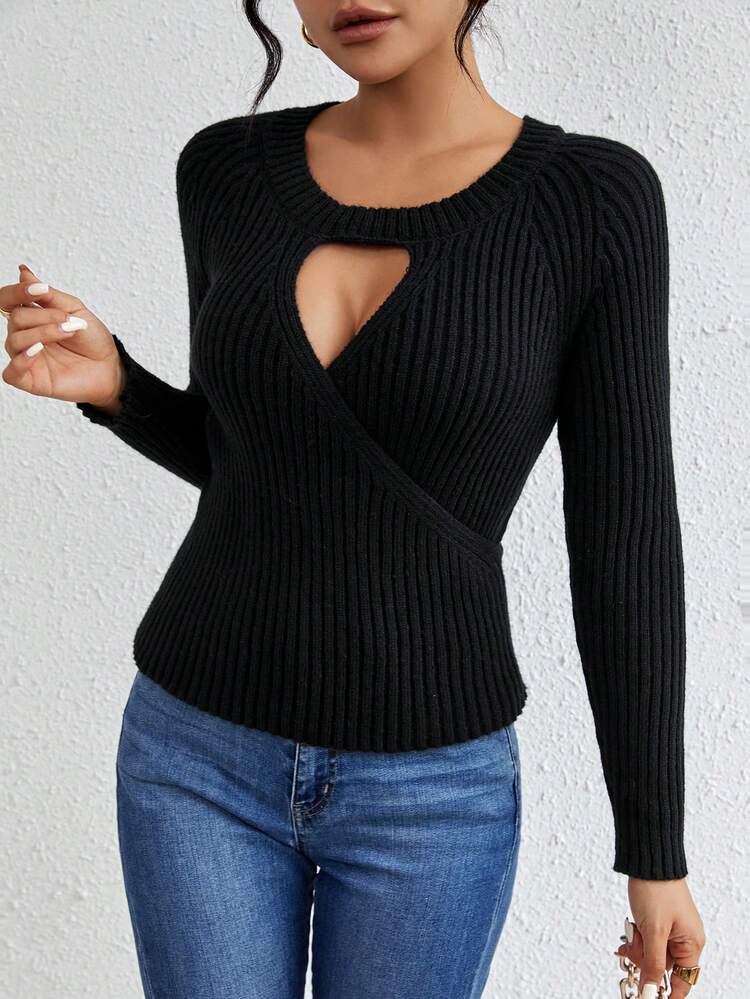 Solid Color Hollow Out Wrap Knitted Sweater Fall Winter