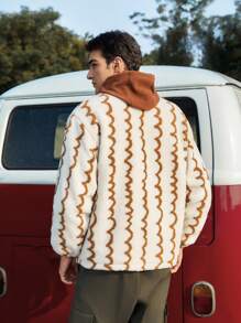 In My Nature Men Chevron Print Zip Up Teddy Jacket - Beige - View 2