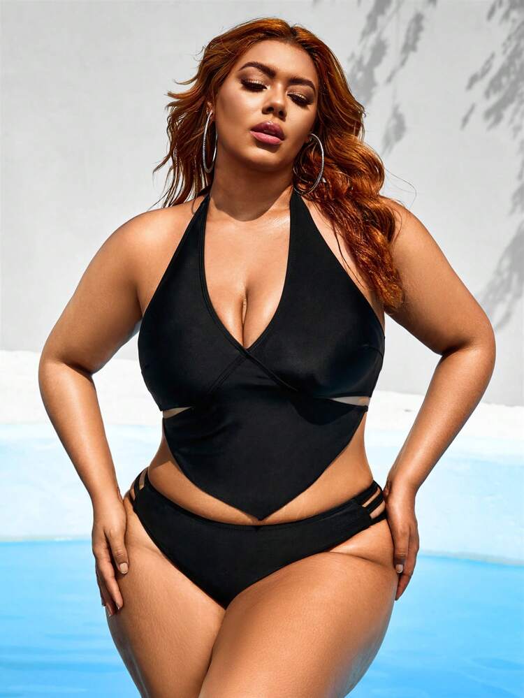 Women's Plus Size Halter Neck Black Hollow Out Bikini Summer