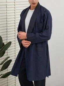 RueChic Men's Shawl Collar Tie Belted Bathrobe - Navy Blue - View 4