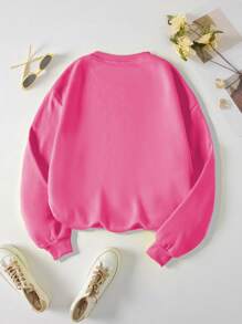 SHEIN EZwear Áo nỉ lót nhiệt cỡ lớn in logo hình trái tim - Hồng - Xem 2