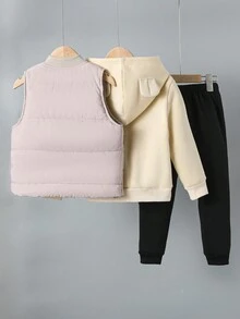 SHEIN 幼童男孩加厚馬甲和運動衫套裝,適用於休閒、運動和戶外活動,中等厚度,秋冬時尚款