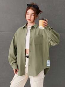 SHEIN 少女們的編織標籤字母圖案休閑長袖襯衫 - 綠色 - 查看 2