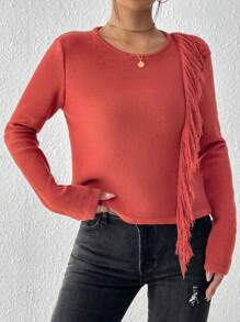 SHEIN LUNE 女士純色流蘇套頭毛衣 - 咖啡棕 - 查看 4