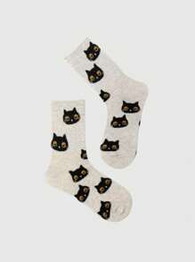 ROMWE Kawaii 1pair Cat Design Mid-calf Socks - Beige - View 3