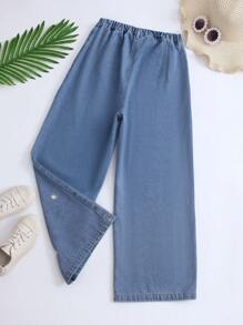 青少女基礎休閒鄉村風格印花刺繡寬鬆鑲邊七分褲 - 中等水洗藍 - 查看 2