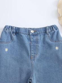 青少女基礎休閒鄉村風格印花刺繡寬鬆鑲邊七分褲 - 中等水洗藍 - 查看 3