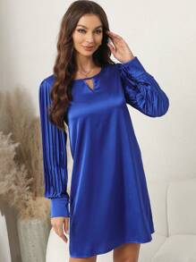 SHEIN Clasi Keyhole Neckline Pleated Lantern Sleeve Satin Dress