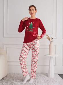 RueChic Women's Christmas Pattern Pajamas Set - Red and White - View 4