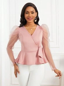 SHEIN Lady Women's Leg-of-mutton Sleeve Blouse With Ruffle Hem & Knot Detail - Pink - View 6